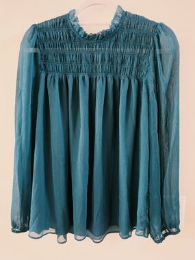 NWOT Banana Republic Teal Smocked Yoke Sheer Long-Sleeve Blouse Size L
